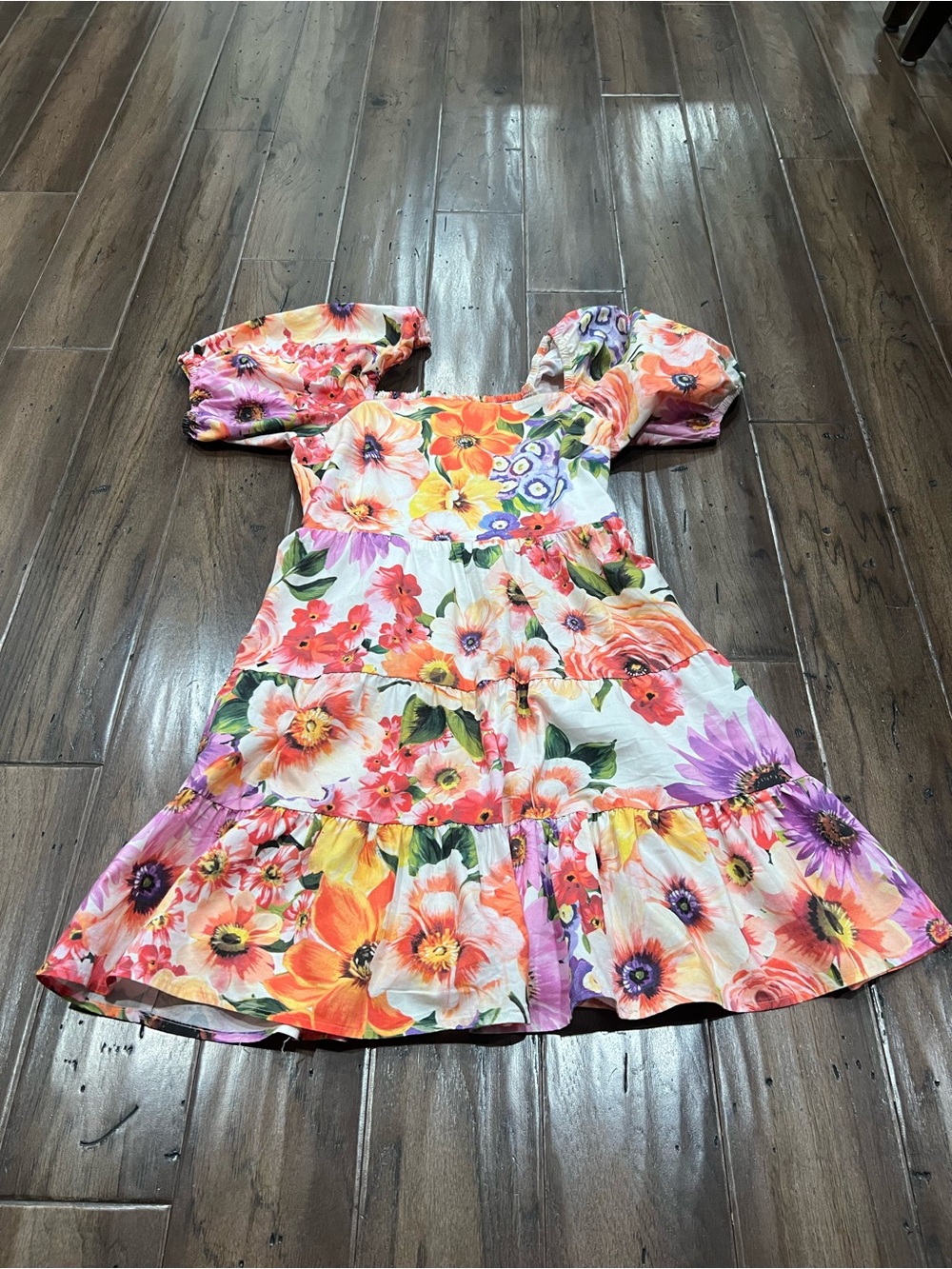 Express Floral Puff-Sleeve Mini Dress - Orange, Pink, Purple, Green